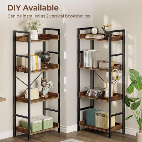 Rolanstar Industrial Wide Bookshelf with Metal Frame, Rustic Brown, 4 Tiers + 4 Hooks