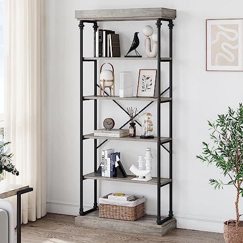 Vintage Industrial 6-Tier Wood Bookshelf Tall Display Rack