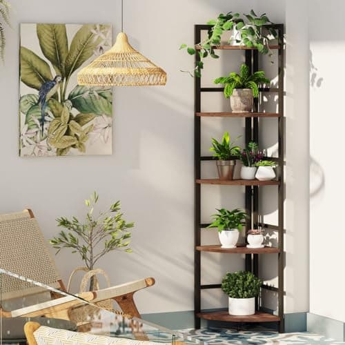BON AUGURE Rustic Oak 5 Tier Industrial Corner Bookshelf