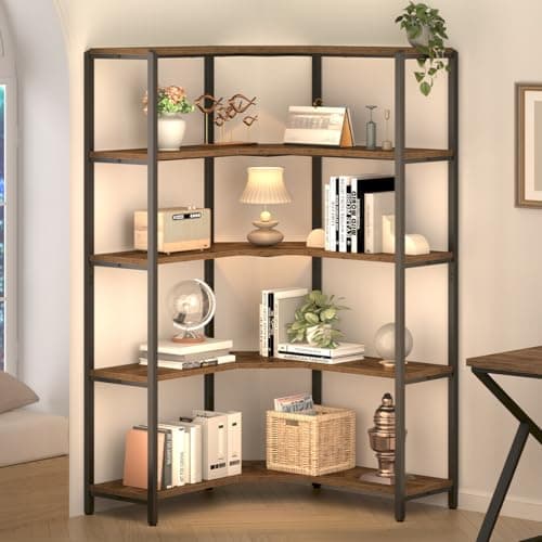 IBF 5-Tier Black Corner Bookshelf, Modern L-Shaped Storage Organizer