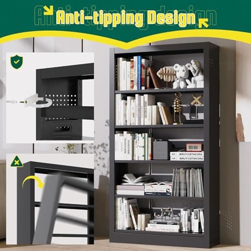 71" Black Metal Bookshelf with Adjustable Shelves and Bookends for Home Office and Living Room