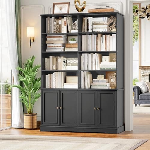 Finetones 73" Tall Black Bookshelf with Doors, 6-Tier Storage Large Bookcase