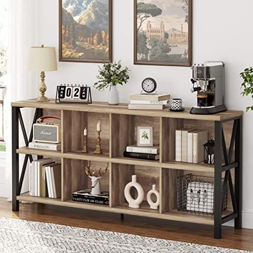 FATORRI 8-Cube Rustic Wood Bookshelf, Walnut Brown, 62 Inch Shelf