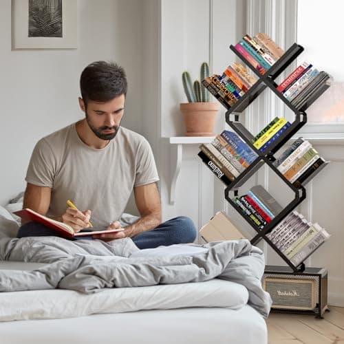 9-Tier Metal Bookshelf with Storage, Stylish Folding Bookcase for Living Room and Home Office