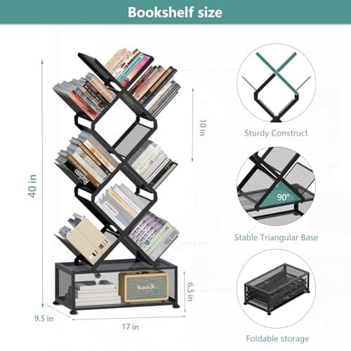 9-Tier Metal Bookshelf with Storage, Stylish Folding Bookcase for Living Room and Home Office