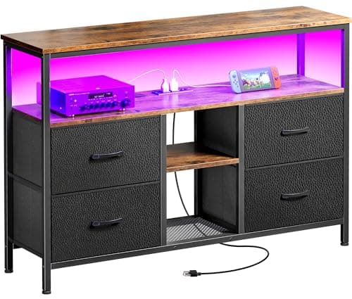 Rustic TV Stand Dresser with Power Outlets and LED Lights for 50 43 Inch TV