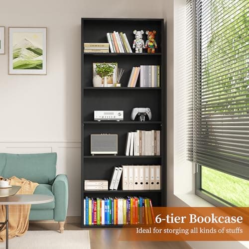 Vongrasig 6-Tier Black Floor Standing Wood Bookcase 71" Tall Home Office Living Room Bed Room Decor