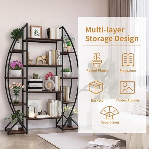 70" Tall Large Oval Bookshelf, 5 Tier Industrial Etagere Furniture