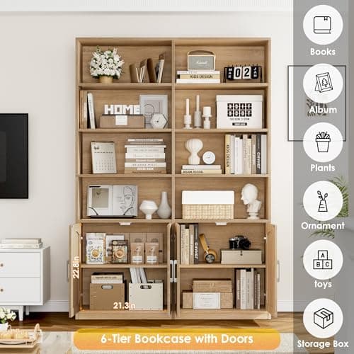 Double Wide Large 6 Tier Oak Bookshelf with Doors and Storage Cabinets