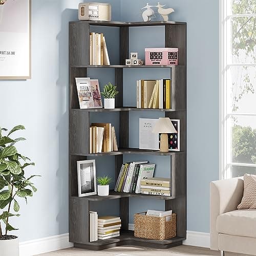Tribesigns 6-Tier Industrial L-Shaped Bookshelf, 64.9 Inches Tall