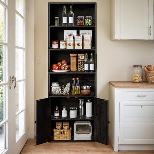 Furniwell Black Industrial Bookshelf with Doors for Home Office and Bedroom