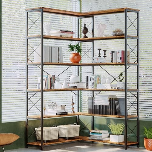 IRONCK Vintage Industrial 6-Shelf Corner Bookshelf with Metal Frame