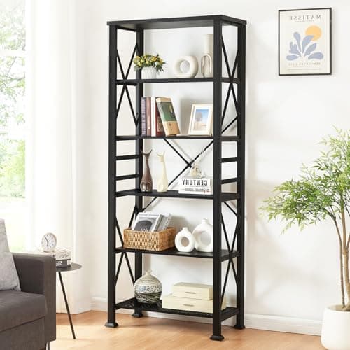 HOMBAZAAR 74" Tall Industrial Metal Bookshelf, 6 Tier, Rustic Brown for Office & Living Room