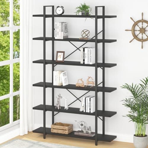 HSH Industrial Modern 6 Shelf Tall Bookcase, Rustic Brown for Living Room & Office