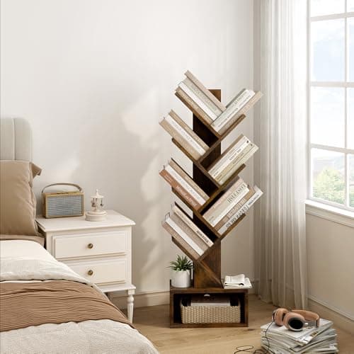 Hectieon 6 Tier Tall Bookcase with Drawer, Rustic Brown
