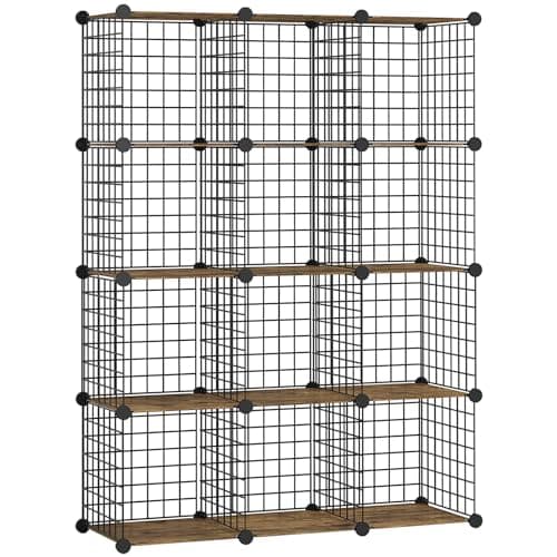 HOOBRO BF12CW01 12-Cube Metal Grid Storage Shelf, Rustic Brown and Black