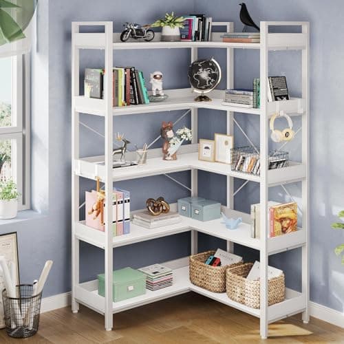 Rolanstar 5-Tier Industrial Wooden Bookshelf with Hooks, White