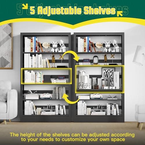 71" Black Metal Bookshelf with Adjustable Shelves and Bookends for Home Office and Living Room