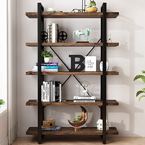 5-Tier Modern Rustic Industrial Bookshelf, Distressed Brown (AY-02)