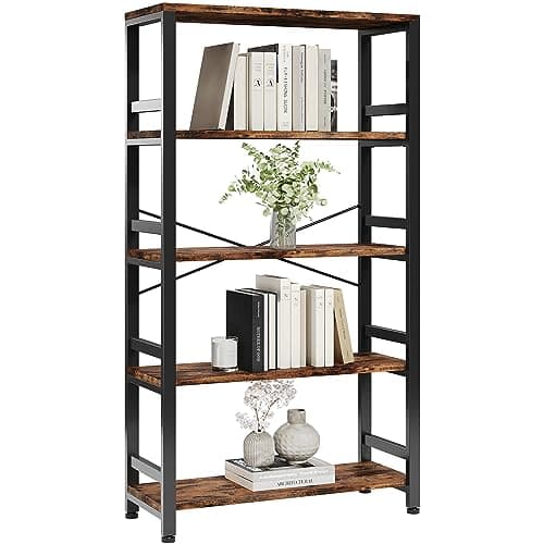 Vintage Brown 5-Tier Iron Bookcase, 31.5in Wide Shelf, Bedroom & Living Room