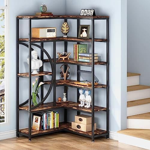 6-Tier Industrial Corner Bookshelf with Metal Frame, Rustic Brown