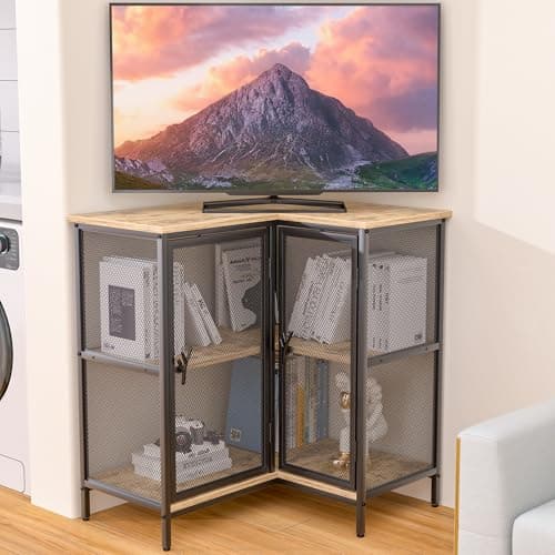 VECELO 40-Inch Corner TV Stand with Storage, Grey Farmhouse Entertainment Center for Living Room and Bedroom