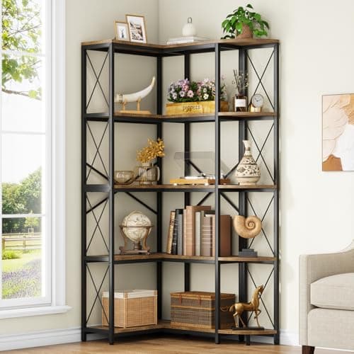 Modern Industrial 7-Shelf Reversible Corner Bookshelf with Metal Frame, Rustic Brown for Living Room, Home Office, Bedro