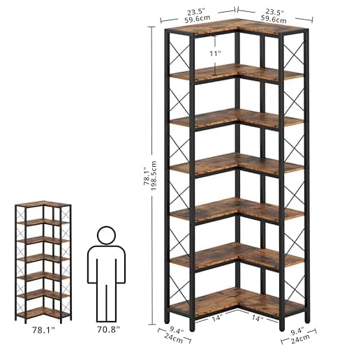 Industrial 7-Tier Corner Bookshelf with Metal Frame for Home or Office