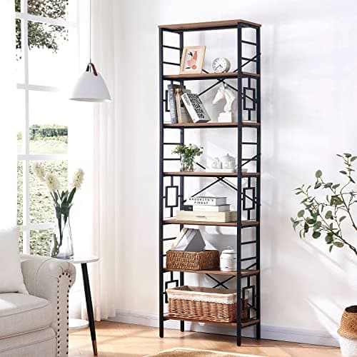 Industrial 7-Tier Tall Bookshelf with Metal Frame, Open Shelves, Rustic Brown Finish for Office, Living Room, Bedroom - 84 Inch