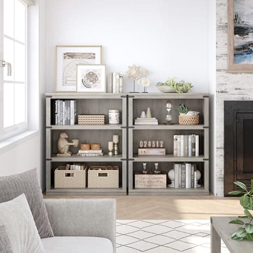 IDEALHOUSE 3-Tier Grey Farmhouse Bookcase with Storage for Home Office