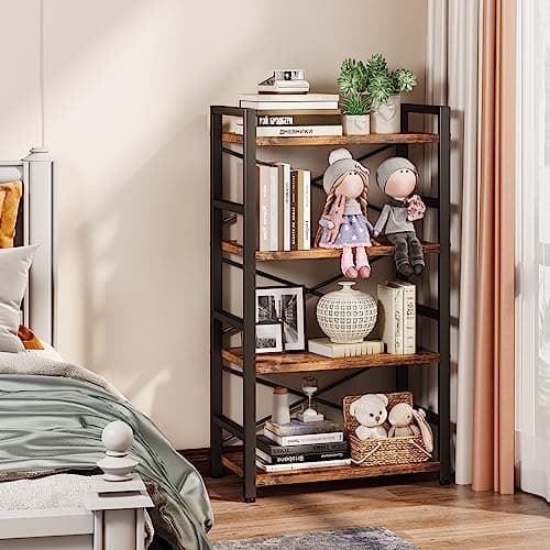Rustic Brown 4 Tier Bookshelf for Living Room, Bedroom, Home Office