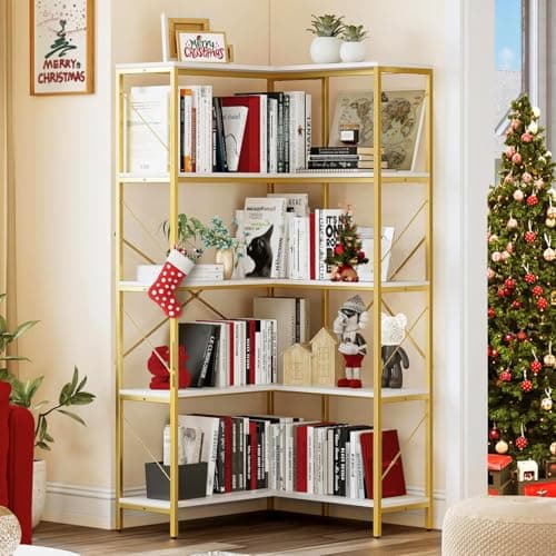 YITAHOME Industrial 5 Tier Corner Bookshelf, Large Rustic Brown Display Rack