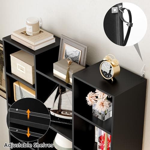Fotosok 71" Tall Black Bookshelf, 8 Tier Media Storage Rack, Adjustable Shelves, Home Office Organizer