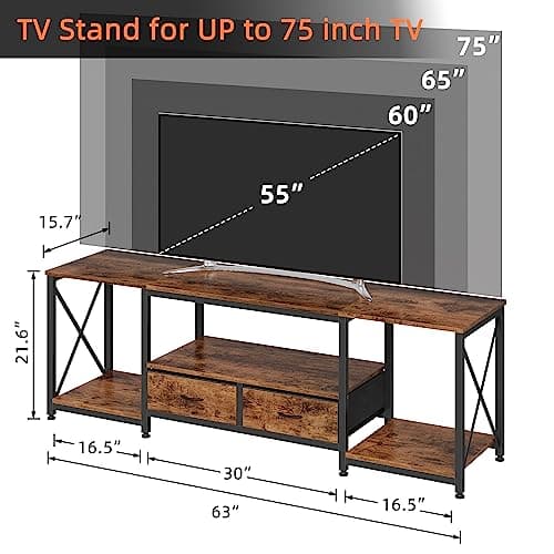 Rustic Brown TV Stand with Fabric Drawers for 65-75 Inch TVs - Entertainment Center with Open Storage Shelves for Living Room and Bedroom