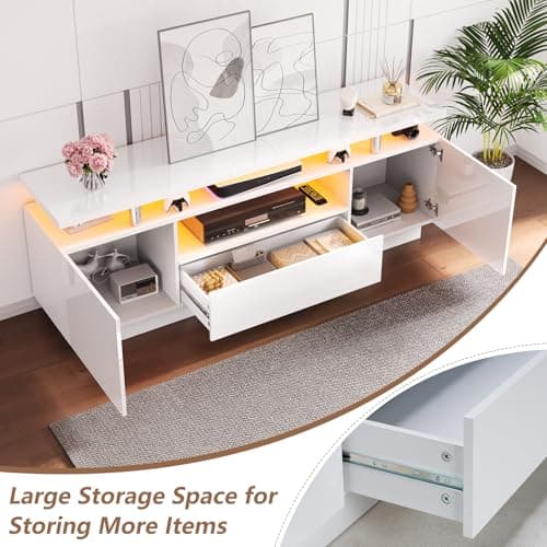Modern 70in High-Gloss LED TV Stand, White with Open Shelves & Drawer