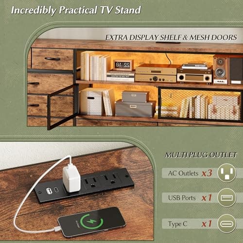 EnHomee 71 Rustic Brown TV Stand with LED & Charging Station for Bedroom