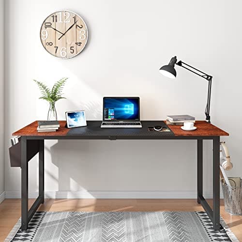 Decoholic 63-Inch Industrial Modern Home Office Desk with Storage Bag and Hook - Black and Sandalwood