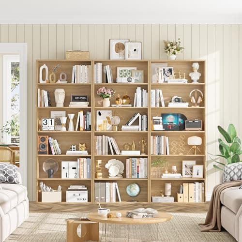 Fotosok Light Oak 6-Tier Bookshelf for Bedroom, Living Room & Office