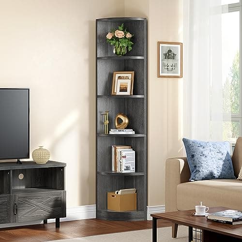 YITAHOME 70.8 5-Tier Corner Bookshelf - Modern Free Standing Wooden Storage Shelf for Bedroom, Living Room, Home Office (Charcoal Gray)