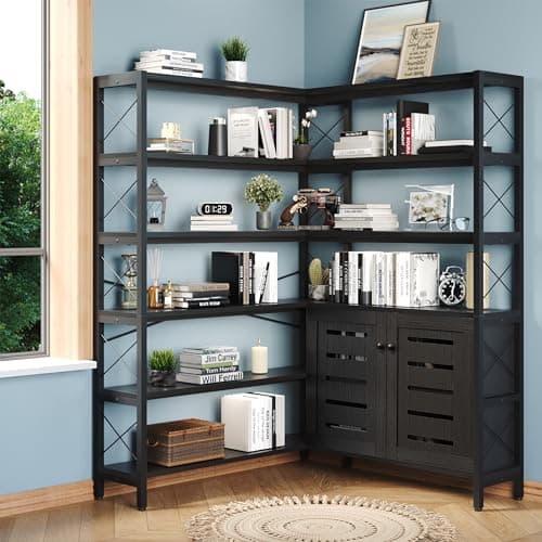 Vintage Industrial 6-Shelf Black Corner Bookshelf with Metal Frame