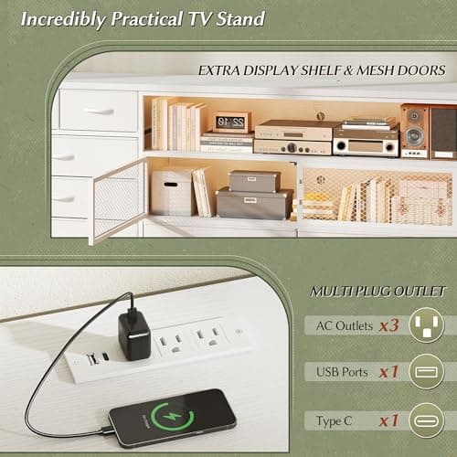 EnHomee 71" TV Stand for 85/80/75 Inch TVs with LED & Charging, Large White Console