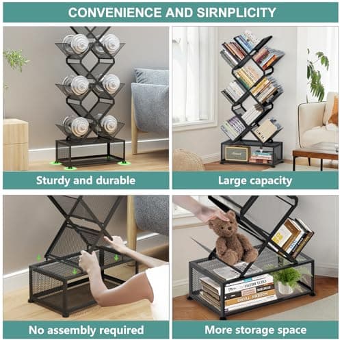 9-Tier Metal Bookshelf with Storage, Stylish Folding Bookcase for Living Room and Home Office