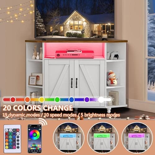 4 EVER WINNER 55-Inch Corner TV Stand with LED Lights and Adjustable Shelves, Farmhouse Style with Barn Doors, White