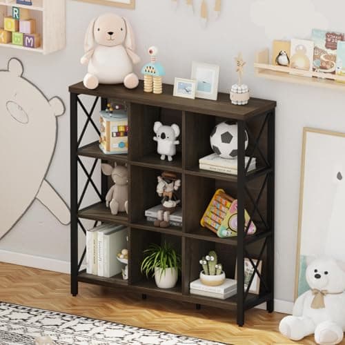 FATORRI 9 Cube Storage Bookshelf, Walnut Brown, Modern 4-Shelf Home Office