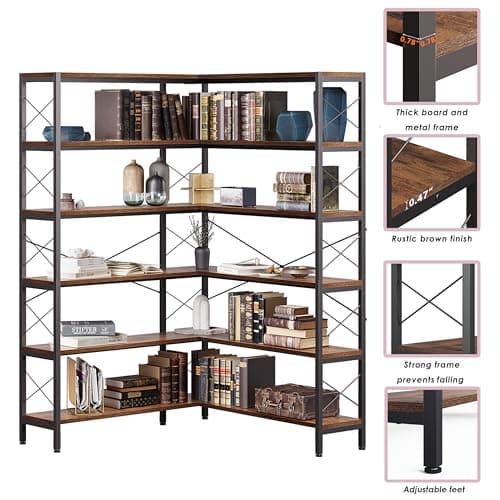 Vintage Industrial 6-Shelf Corner Bookshelf