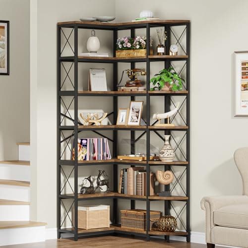 Modern Industrial 7-Shelf Reversible Corner Bookshelf with Metal Frame, Rustic Brown for Living Room, Home Office, Bedro