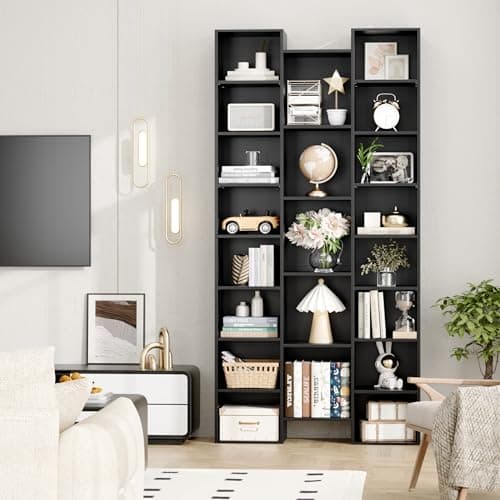 Fotosok 71" Tall Black Bookshelf, 8 Tier Media Storage Rack, Adjustable Shelves, Home Office Organizer