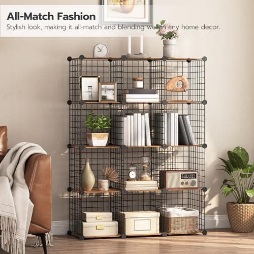 HOOBRO BF12CW01 12-Cube Metal Grid Storage Shelf, Rustic Brown and Black