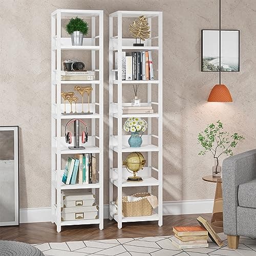 Tribesigns 6-Tier Corner Bookshelf, 75 Inch Tall, Rustic Open Shelf Tower for Living Room & Bathroom Storage