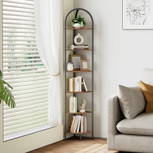 Homedy 6-Tier Arched Corner Shelf Stand, Industrial Brown & Black꽂'icon